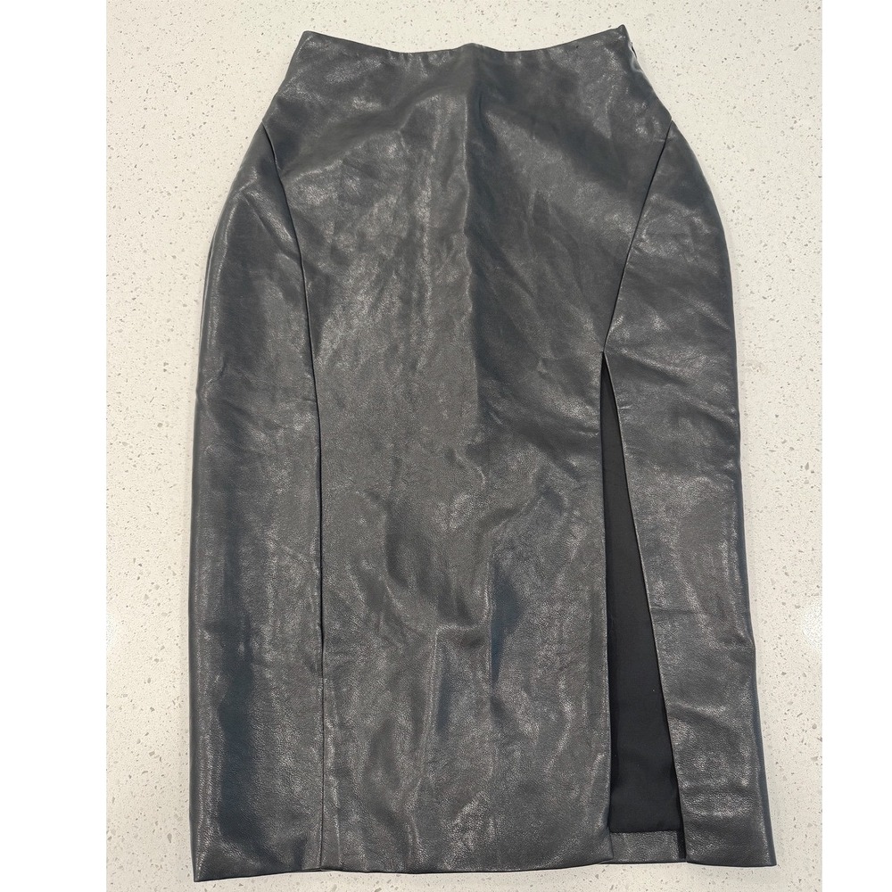 Superdown Midi Skirt Womens S Black Excellent Faux Leather Side Slit Chic Office